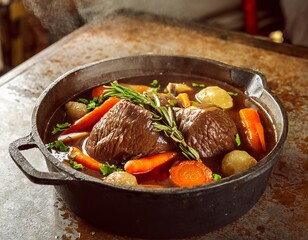 Beef stew in cast iron pot steaming hot