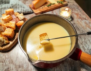 Cheese fondue pot with bread dipping