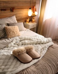 Cozy bedroom interior with slippers on bed for comfort