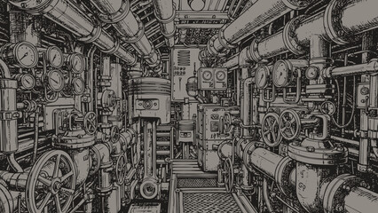 Highly Detailed Engraving Style Illustration of a Retro Industrial Engine Room Interior with Complex Machinery
