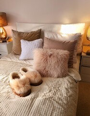 Cozy bedroom interior with fluffy slippers and pillows