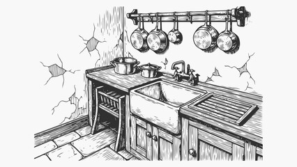 Illustration of a rustic kitchen sink and countertop with hanging pots