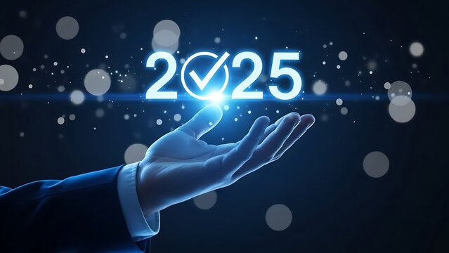 Future vision 2025 planning concept with hand holding a glowing digital 2025 text and checkmark icon on dark bokeh background - Powered by Adobe