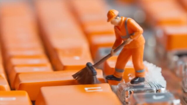 Miniature worker cleaning computer keys with orange aesthetic background