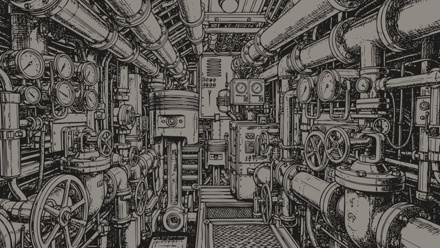 Highly Detailed Engraving Style Illustration of a Retro Industrial Engine Room Interior with Complex Machinery
