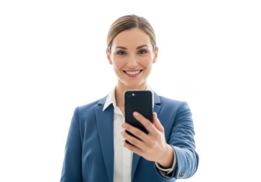 Smiling woman in blue suit holding phone isolated on transparent background - Powered by Adobe