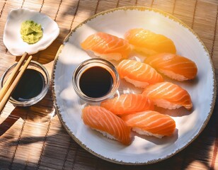 Fresh salmon nigiri sushi serving on plate