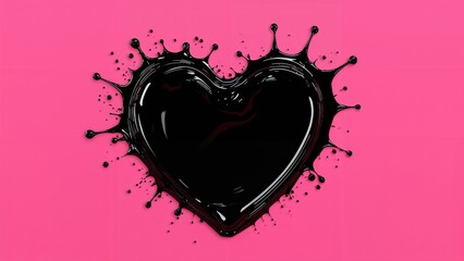 Black heart shape with splashes on a pink background. Artistic design and love symbol. Creative and expressive art concept.