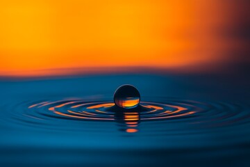 Water drop creating ripples in dark blue water with orange background high resolution image