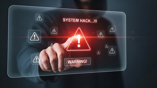 Cyber attack and system hack warning concept with hand touching a red virtual screen with warning alert icons - Powered by Adobe