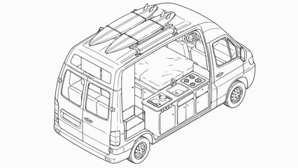 Detailed isometric vector illustration of a camper van with surfboards, showcasing a cozy interior layout for adventure travel and outdoor living