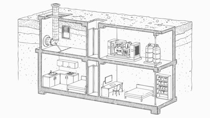 Underground Bunker Living Space with Generator and Amenities