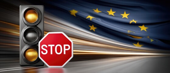 Traffic light shows red with stop sign in front of European Union flag during busy urban setting in daytime