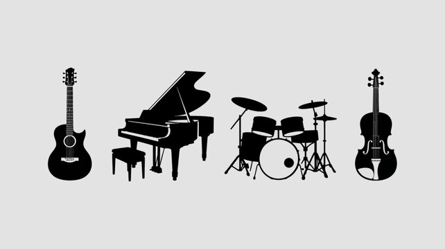 a collection of musical instruments depicted in a flat black silhouette style including a guitar piano drum kit and violin high quality professional detailed modern elegant