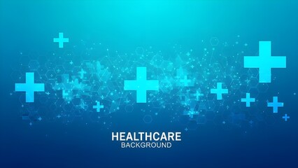 Abstract Blue Gradient Healthcare Background with Plus Signs, Particles, and 'HEALTHCARE BACKGROUND' Text