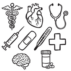 Hand Drawn Doodle Icon Set of Medical, Heart, Brain and Health Care