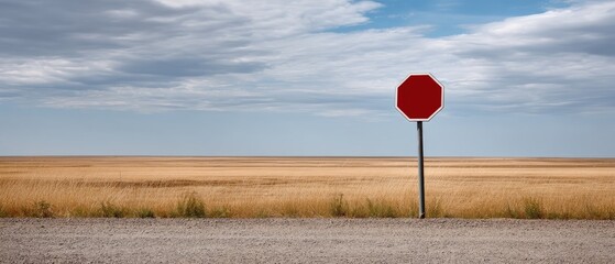 Red stop sign stands alone in a wheat field under a cloudy sky near a dirt road during the day with a clear horizon in the background