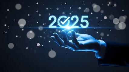 Businessman's hand reaching out to touch the year 2025 glowing with digital stars, symbolizing future, goals, and new beginnings.