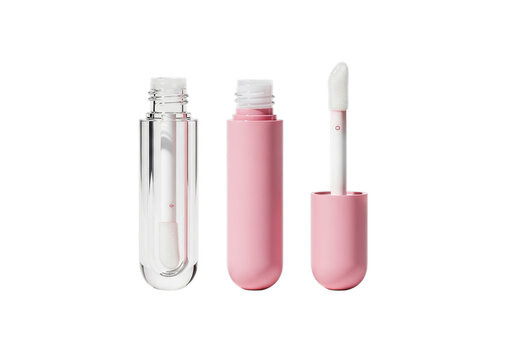 Three makeup tubes including a clear lip gloss and a pink lip gloss with applicator isolated on transparent background