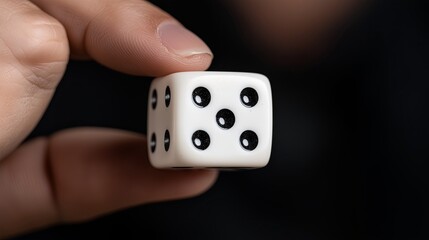 Caucasian hand holding die closeup, poised to roll, dramatic studio lighting, white cube with black