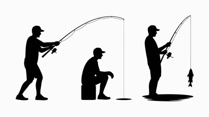 a silhouette depiction of a man fishing in varying poses showcasing a full body view and the caught fish high quality professional detailed modern elegant stylish © MdRafiqul
