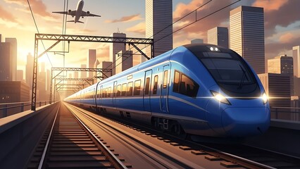 Fototapeta premium Professional digital illustration of a fast blue train on tracks against a backdrop of city towers and evening clouds.
