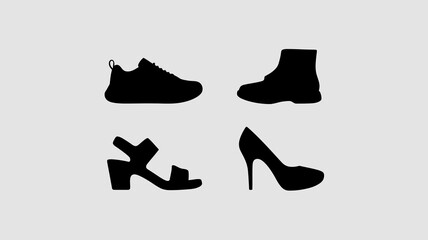 a minimalist illustration depicts four distinct shoe silhouettes against a pale gray background showcasing a sneaker boot sandal and high heel high quality professional detailed modern