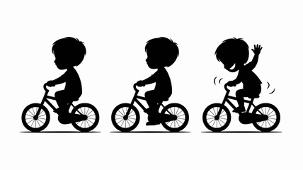 a simple illustration depicts three silhouetted figures of a young boy riding a bicycle in different stages of motion and expression high quality professional detailed modern © MdRafiqul