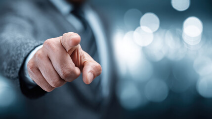 Business hand pointing finger gesture focus, man suit sleeve arm across cool blue office background, leadership demand choice concept with blur bokeh light