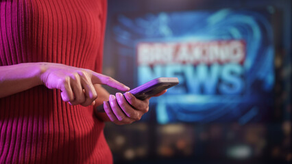 Female news presenter gestures confidently in modern studio, vibrant lighting, breaking news screen...