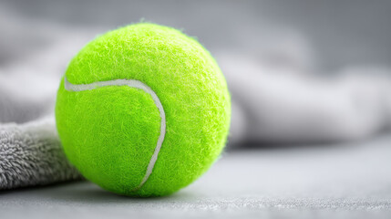 Tennis ball green sport sphere fuzzy closeup indoor soft leisure Bright green fuzzy tennis ball closeup neutral indoor surface with soft fabric background, gentle sport mood and clean minimal