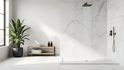 Minimalist spa-inspired bathroom showcasing a premium bronze rainfall shower head against a backdrop of clean white marble tiling.