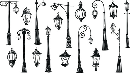 Vintage street lanterns vector set isolated on transparent background. Lamp post silhouettes hand drawn sketch illustration