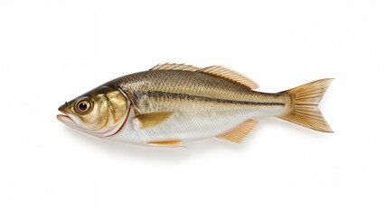 Naklejka premium Freshwater fish species with brownish and yellowish coloring, side view, isolated on white background.