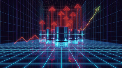 Futuristic robot cyberpunk neon arrow data digital technology grid virtual growth Futuristic robot lineup neon grid with glowing arrow trend, abstract cyberpunk data visualization concept
