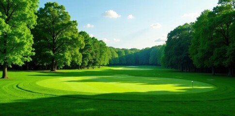 Lush green golf course fairway, dense woods background, recreation, scenery, foliage