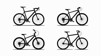Fototapeta premium A minimalist illustration showcases four distinct silhouettes of bicycles presenting a variety of frame styles and handlebar configurations in black high quality professional detailed modern elegant