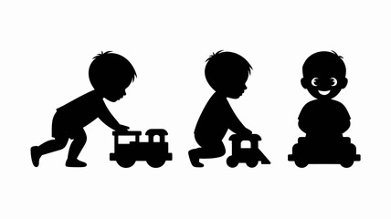 a black silhouette illustration depicts three stages of a child playing with toy cars from crawling to sitting upright high quality professional detailed modern elegant stylish © MdRafiqul