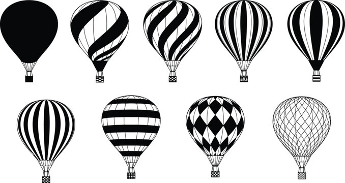 Hot air balloon silhouette set, black white envelope pattern variations, cad line drawing flat vector artwork collection