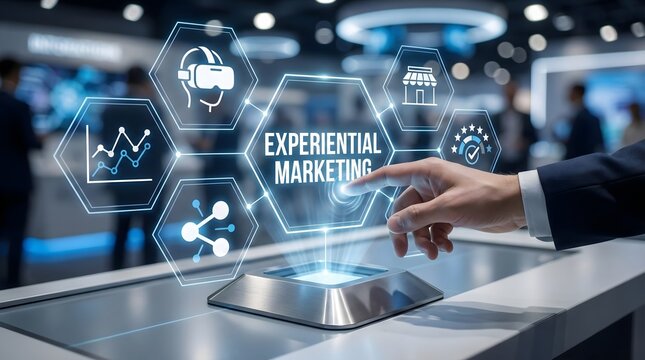 Futuristic experiential marketing concept with businessman pressing holographic interface icons like VR headset,chart,shop,social network,quality on glowing screen