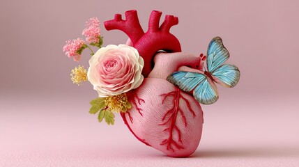 Heart sculpture featuring vibrant flowers and a butterfly, symbolizing love and life, with a soft pink background enhancing the artistic representation of emotions and nature's beauty