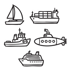 Obraz premium Hand Drawn Ships and Submarine Transport Icons