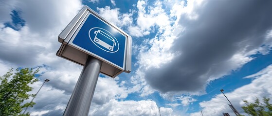 Bus stop sign on a pole against a cloudy sky with blue and white colors and clear visibility in the background during daytime
