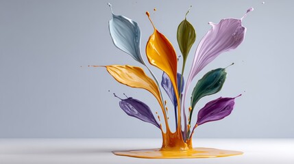 Colorful paint splashes in dynamic motion, creating an artistic explosion of hues against a soft gray background, showcasing creativity and vibrant expression in a visually striking composition