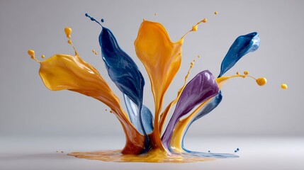 Vibrant splashes of blue, orange, and purple paint erupting from a central pool, creating dynamic shapes and textures against a soft gray background, showcasing artistic expression and creativity