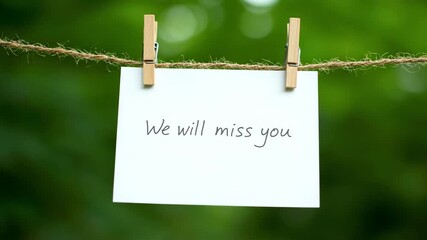 Farewell Message on Clothesline - A white card with the handwritten message "We will miss you" is clipped to a twine clothesline with wooden clothespins.