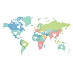 Obraz premium A colorful world map illustration highlighting various countries with heart symbols on a white background from a global viewpoint