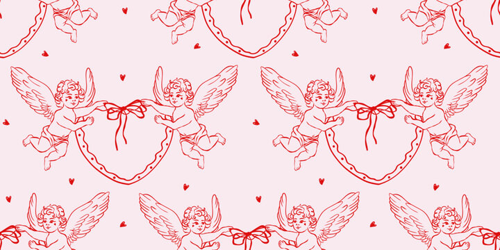 Romantic seamless coquette Valentine&rsquo;s Day pattern with cupid angels flying and holding hearts, bows Red and pink hand drawn illustration in retro style for wrapping paper, textile