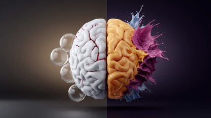 Split brain illustration showcasing contrasting halves, one side depicting a white brain with bubbles, the other a vibrant yellow brain with colorful splashes, symbolizing creativity and logic