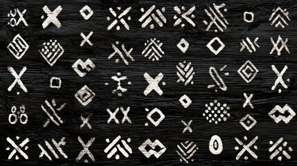 Collection of white geometric symbols and abstract patterns on a dark textured wooden surface